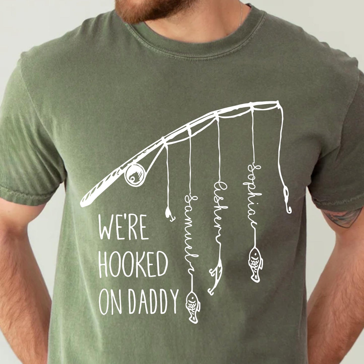 Personalized Dad Fishing Shirt, We're Hooked On Daddy Shirt, Fishing Dad Shirt, Dad Shirt With Kids Name, Daddy Shirt, Cool Dad Shirt