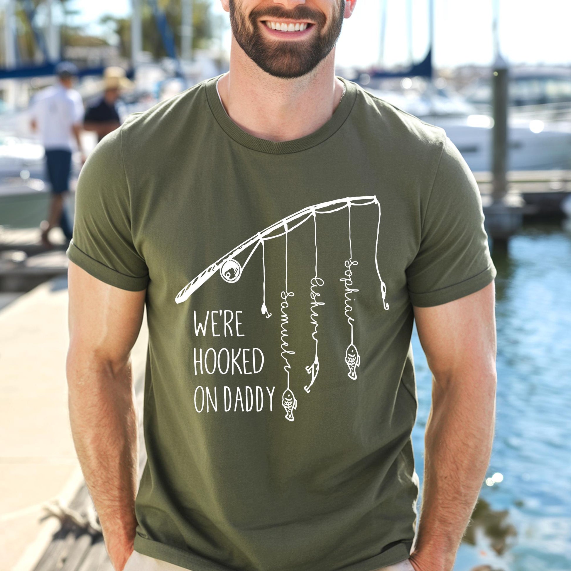 Personalized Dad Fishing Shirt, We're Hooked On Daddy Shirt, Fishing Dad Shirt, Dad Shirt With Kids Name, Daddy Shirt, Cool Dad Shirt