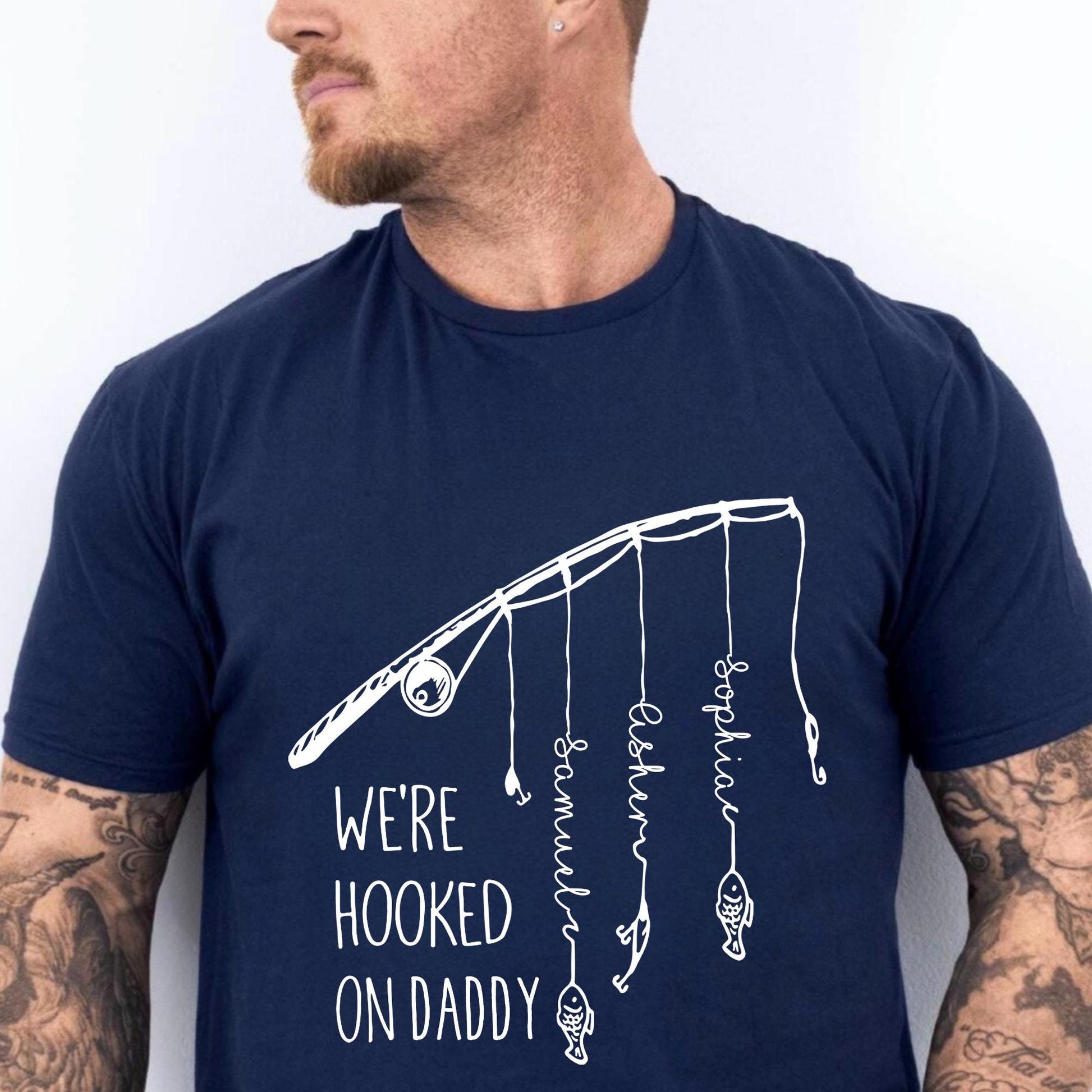 Personalized Dad Fishing Shirt, We're Hooked On Daddy Shirt, Fishing Dad Shirt, Dad Shirt With Kids Name, Daddy Shirt, Cool Dad Shirt