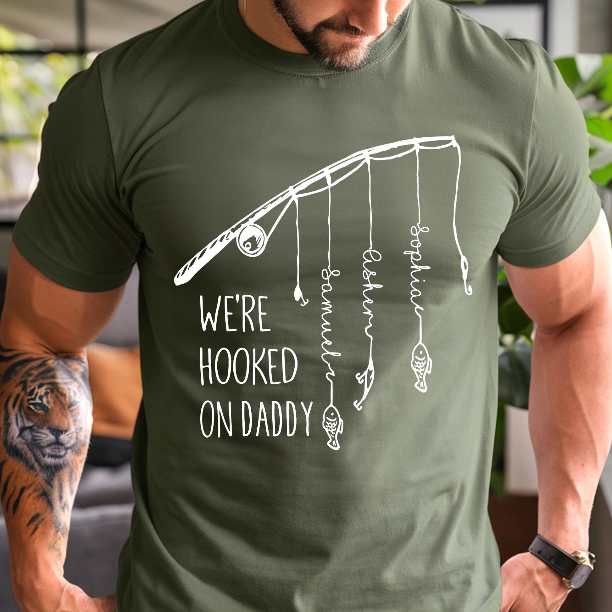 Personalized Dad Fishing Shirt, We're Hooked On Daddy Shirt, Fishing Dad Shirt, Dad Shirt With Kids Name, Daddy Shirt, Cool Dad Shirt