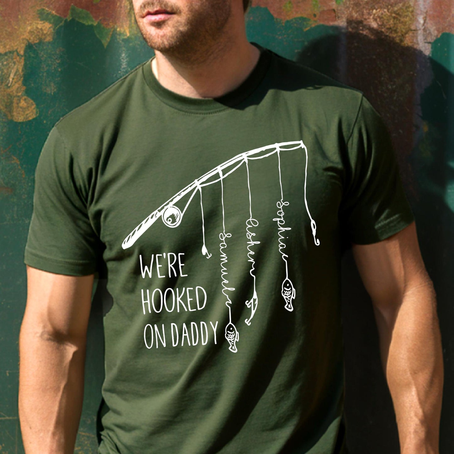 Personalized Dad Fishing Shirt, We're Hooked On Daddy Shirt, Fishing Dad Shirt, Dad Shirt With Kids Name, Daddy Shirt, Cool Dad Shirt