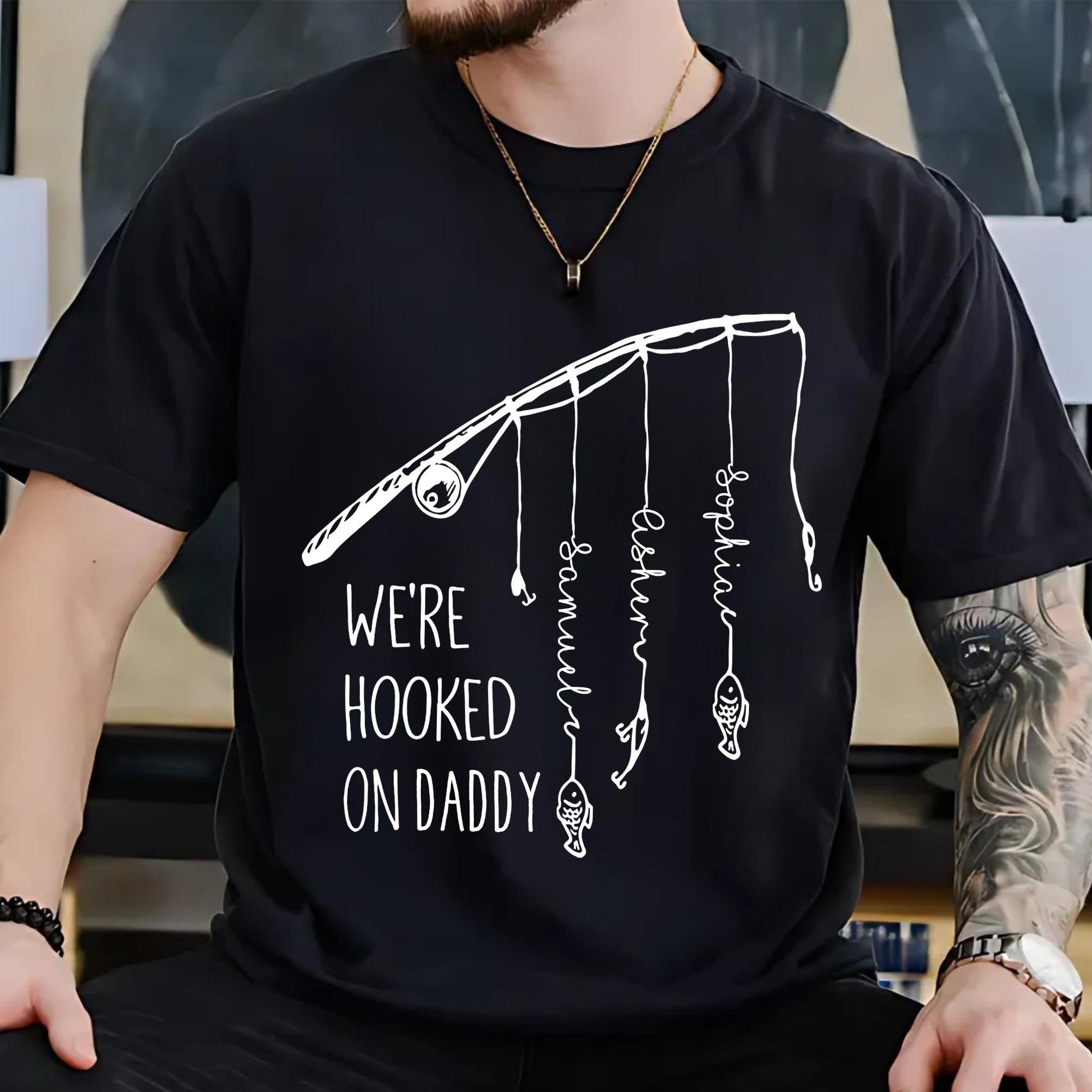 Personalized Dad Fishing Shirt, We're Hooked On Daddy Shirt, Fishing Dad Shirt, Dad Shirt With Kids Name, Daddy Shirt, Cool Dad Shirt