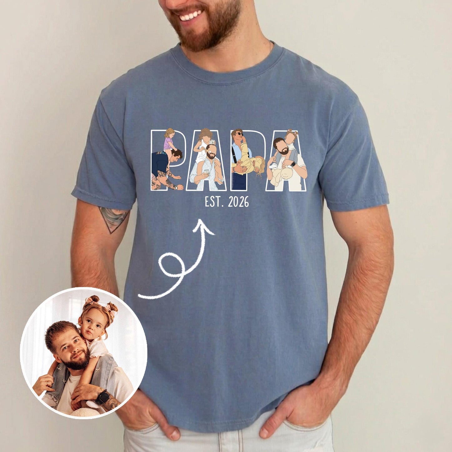 Personalized Papa Portrait Shirt, Custom Photo Dad Shirts, First Father's Day Gift for New Dad, Gift for Husband