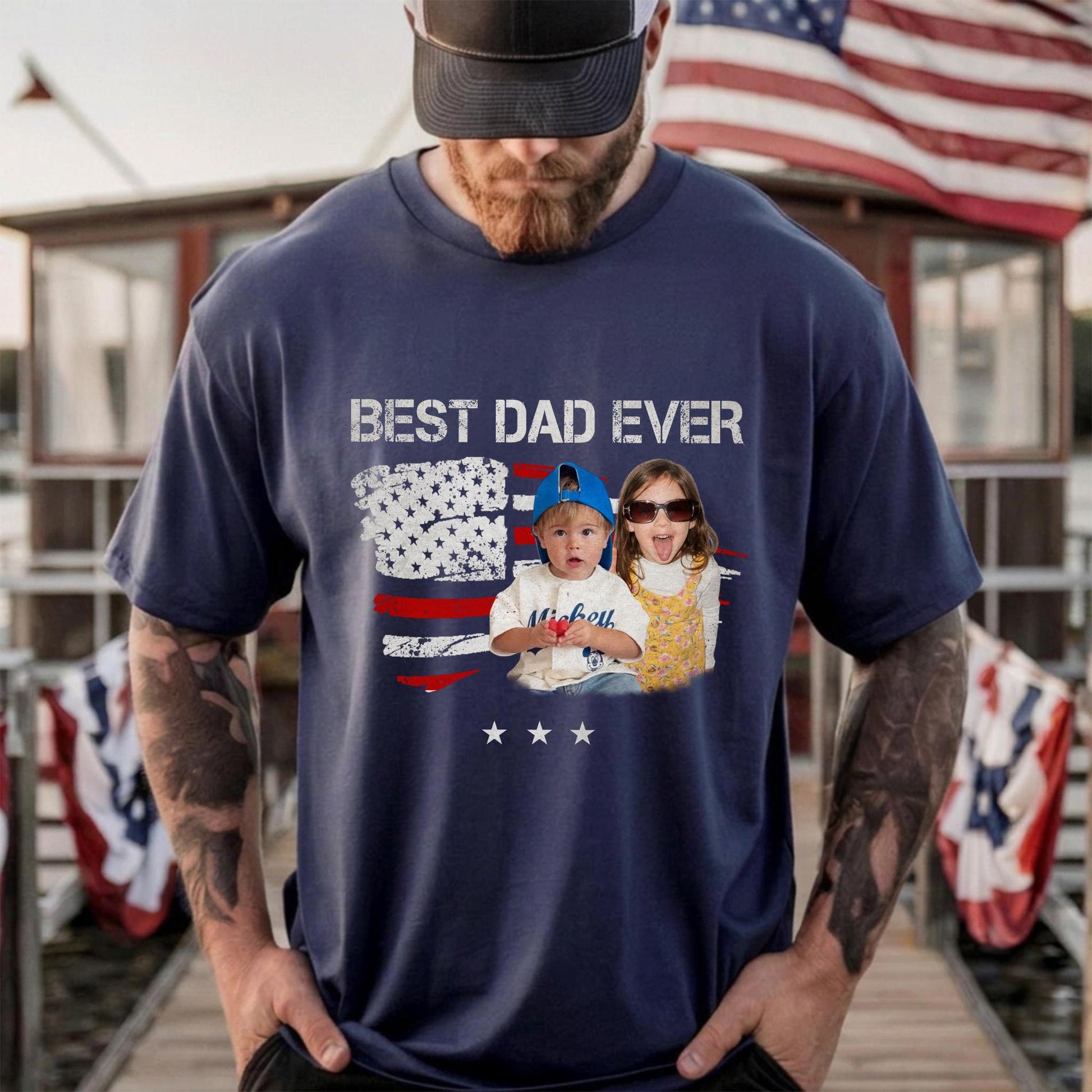Custom Dad Photo Shirt, Fathers Day Shirts Gifts for Dad, USA Flag 4th of July Shirt