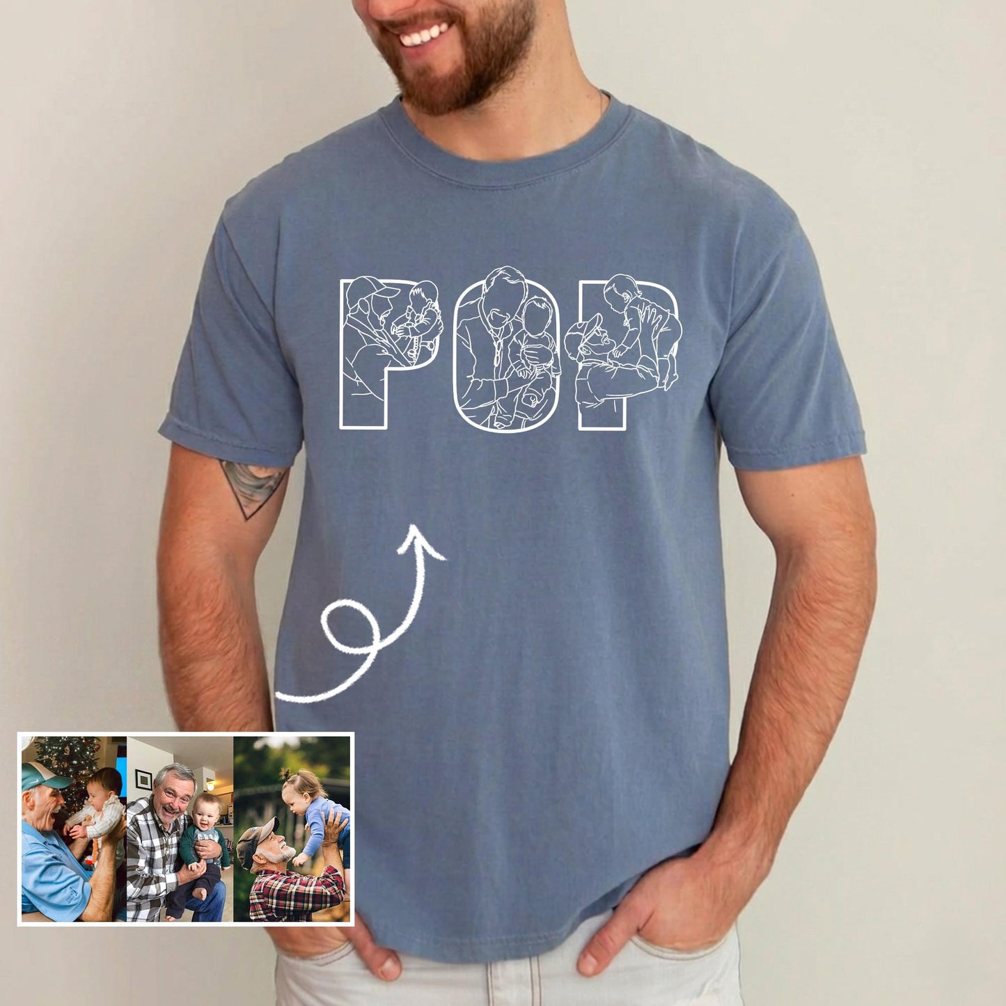Custom Grandpa Portrait Shirt, Pop Shirt With Kids Photo, Fathers Day Shirt Gift for Dad, Grandparent