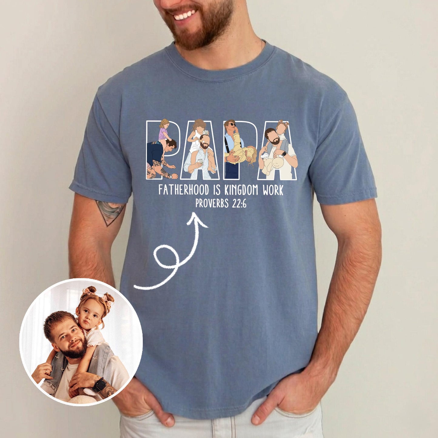 Personalized Papa Portrait Shirt, Custom Dad Christian Photo Shirt, Father's Day Shirt Gift for Husband