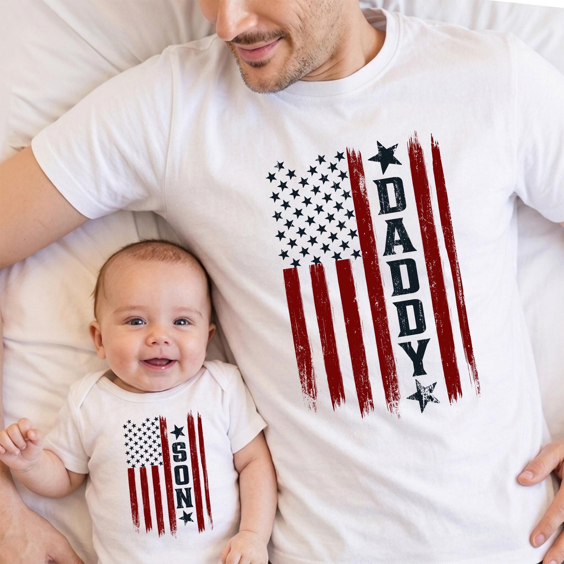 Personalized Daddy and Son America Shirt, Retro America Flag T-Shirt Gift for Husband, Father's Day Shirt Gift from Kid