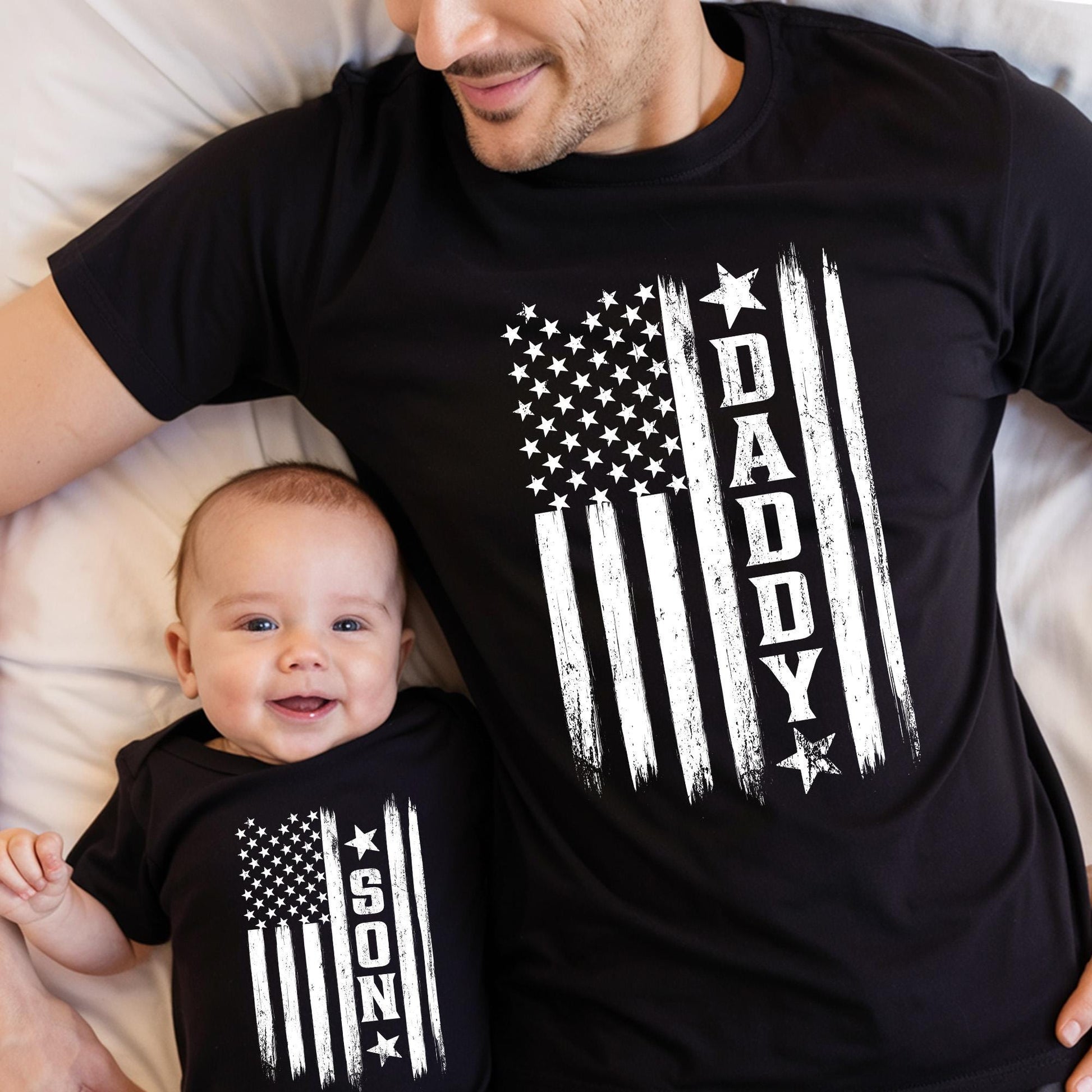 Personalized Daddy and Son America Shirt, Retro America Flag T-Shirt Gift for Husband, Father's Day Shirt Gift from Kid