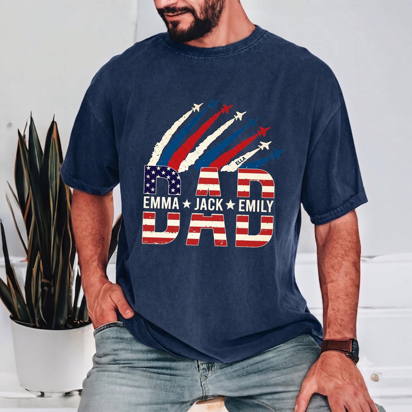 Personalized Dad Shirt With Kids Names, USA Flag Father's Day Shirt Gift for Dad, Patriotic 4th Of July Shirt