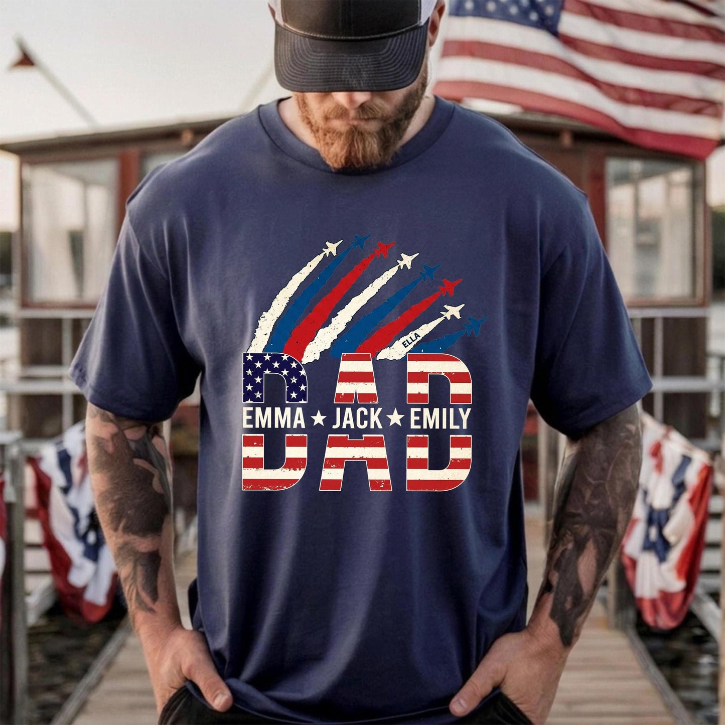 Personalized Dad Shirt With Kids Names, USA Flag Father's Day Shirt Gift for Dad, Patriotic 4th Of July Shirt