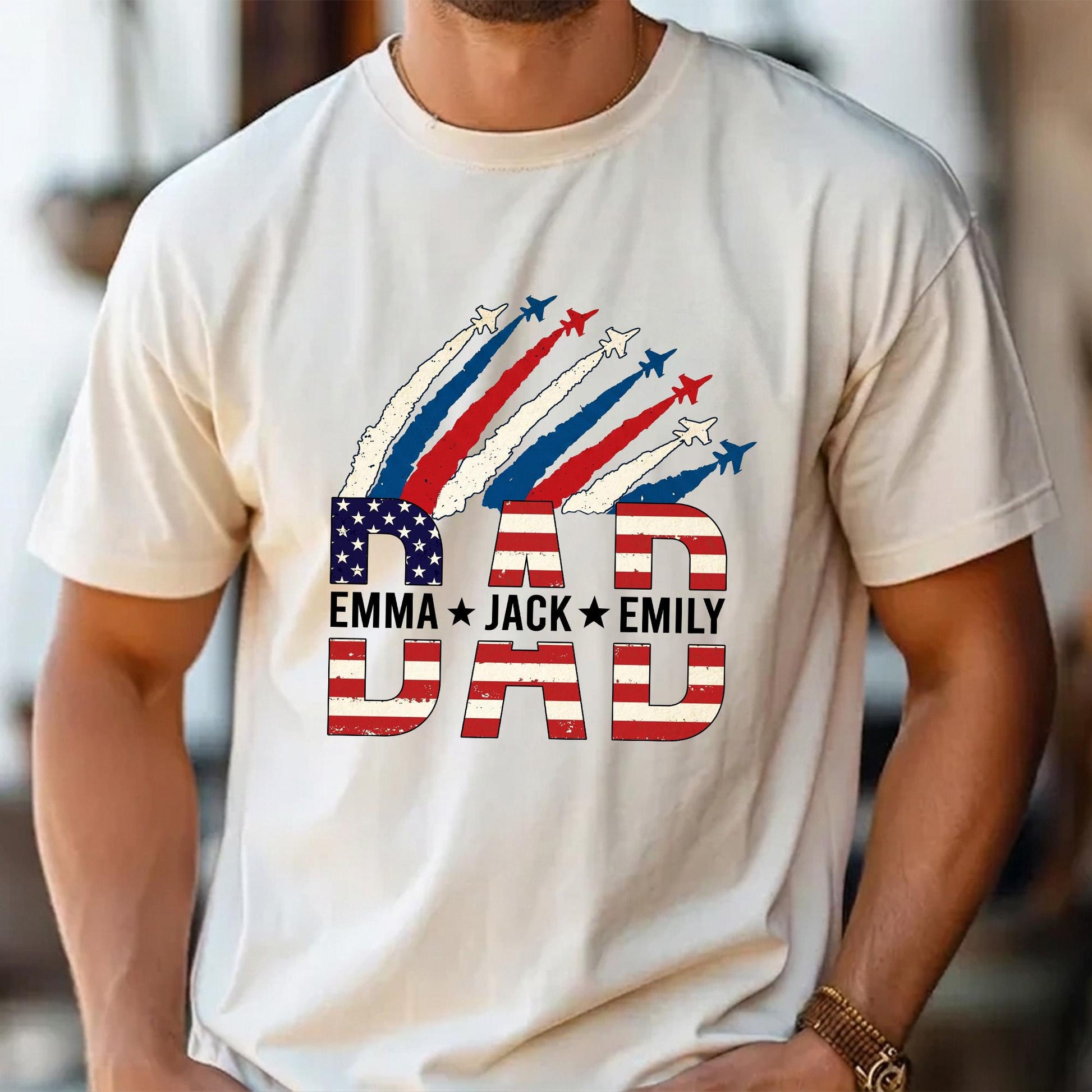 Personalized Dad Shirt With Kids Names, USA Flag Father's Day Shirt Gift for Dad, Patriotic 4th Of July Shirt