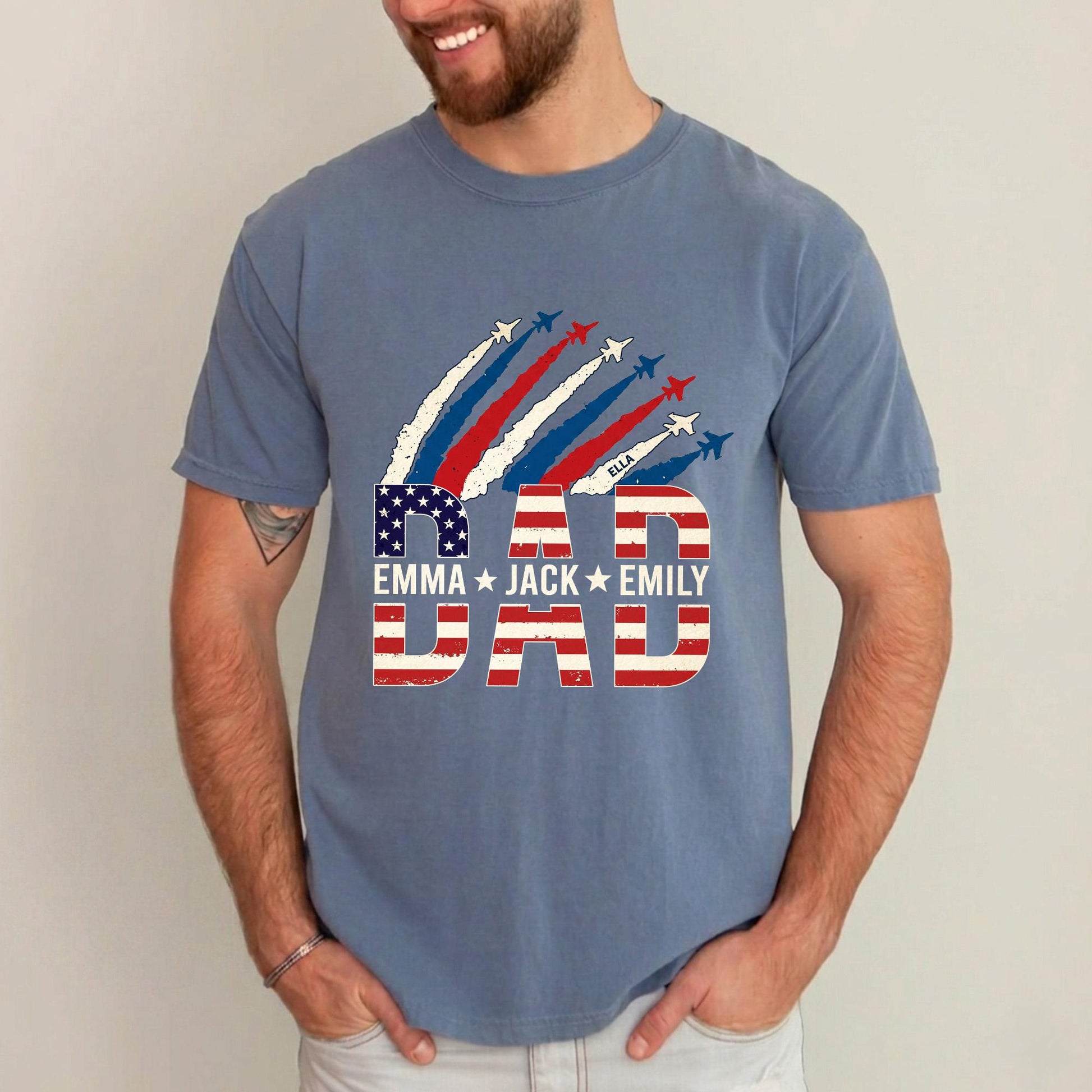 Personalized Dad Shirt With Kids Names, USA Flag Father's Day Shirt Gift for Dad, Patriotic 4th Of July Shirt