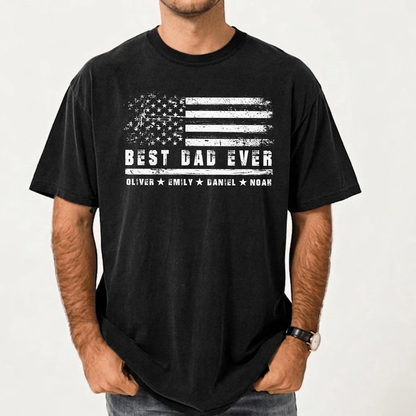 Personalized Grandpa With Kids Names Shirt, Grandpa USA Flag T-Shirt, Patriotic Father's Day Gift for Dad, Grandfather