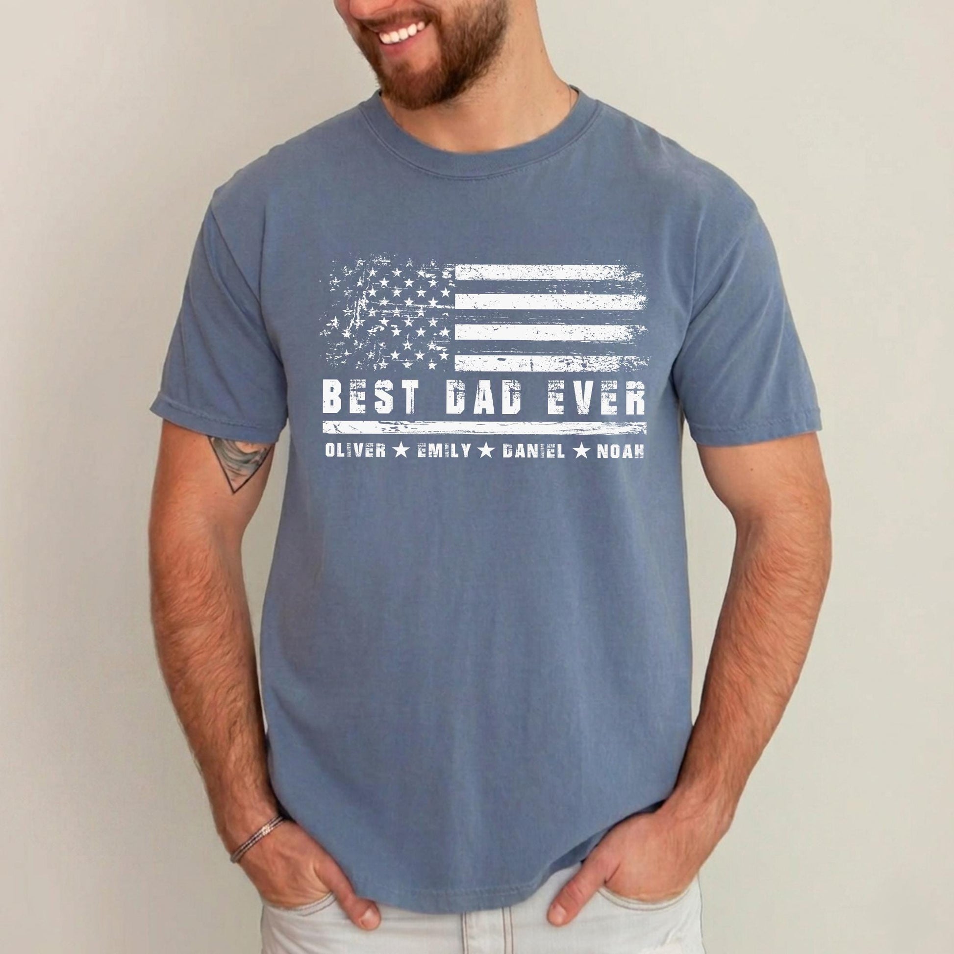 Custom Dad Shirt, America Flag Dad Shirt With Kids Names, Father's Day Gift for Dad, Dad America 4th of July Tee