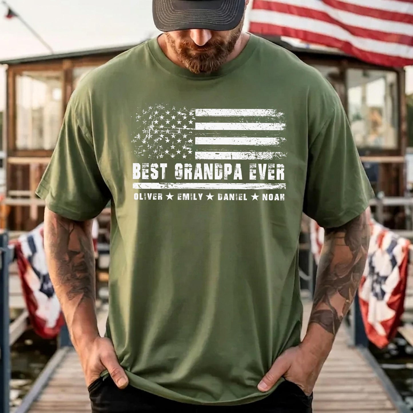 Custom Daddy Shirt, Dad Shirt With Kids Names, Best Dad Shirt With American Flag, Fathers Day Gift for Husband