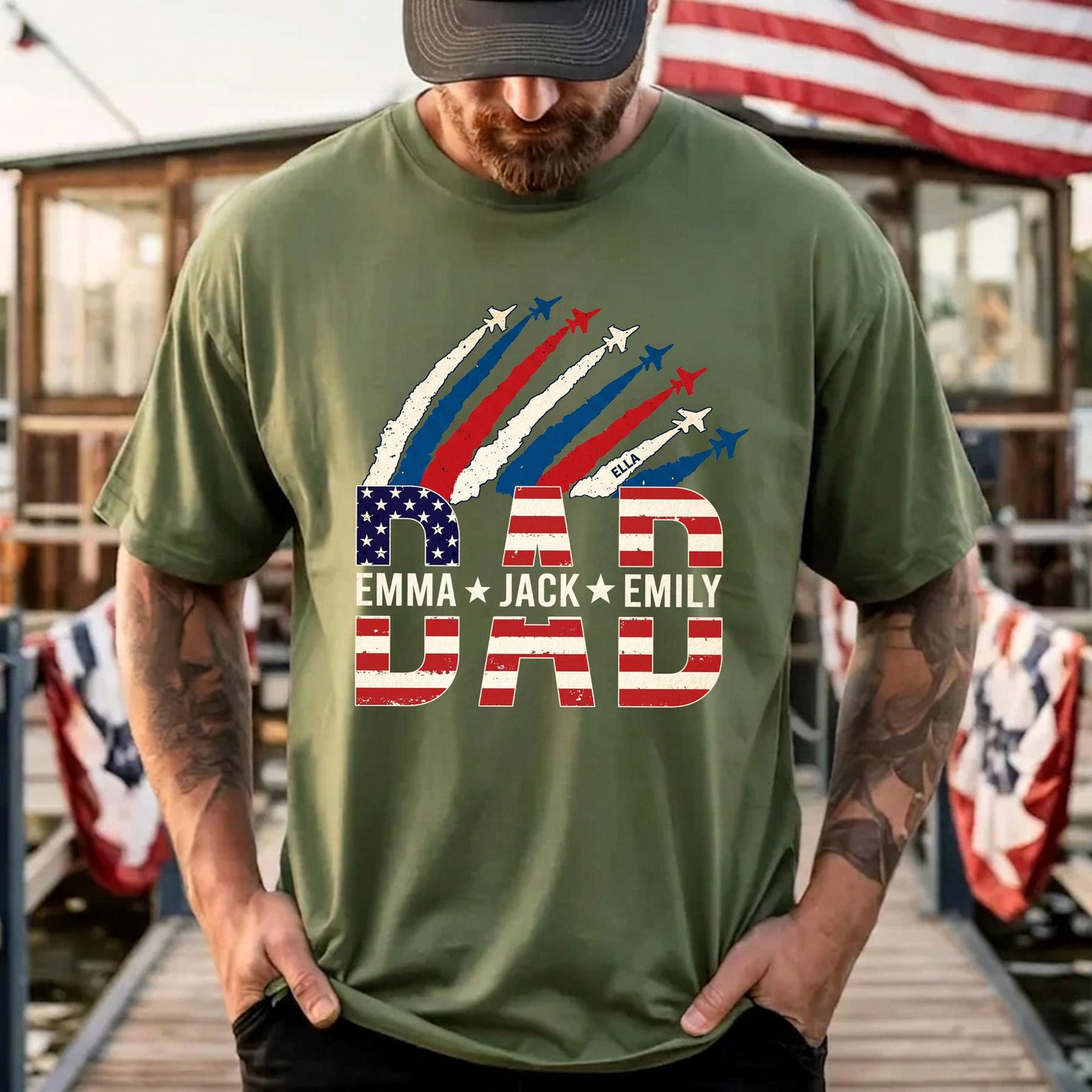 Personalized Dad Shirt With Kids Names, USA Flag Father's Day Shirt Gift for Dad, Patriotic 4th Of July Shirt