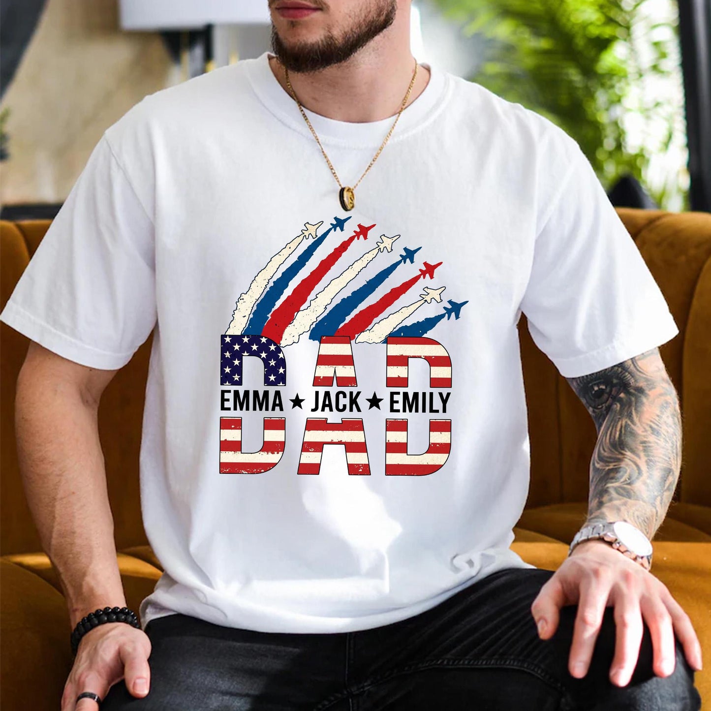 Personalized Dad Shirt With Kids Names, USA Flag Father's Day Shirt Gift for Dad, Patriotic 4th Of July Shirt