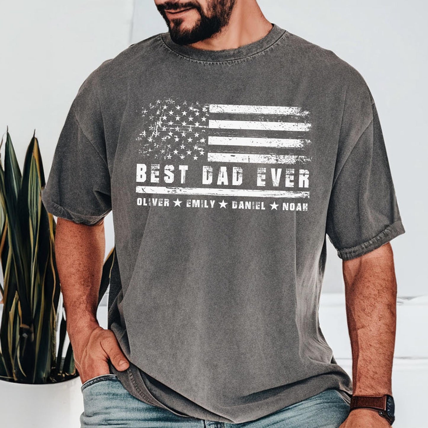 Personalized Grandpa With Kids Names Shirt, Grandpa USA Flag T-Shirt, Patriotic Father's Day Gift for Dad, Grandfather