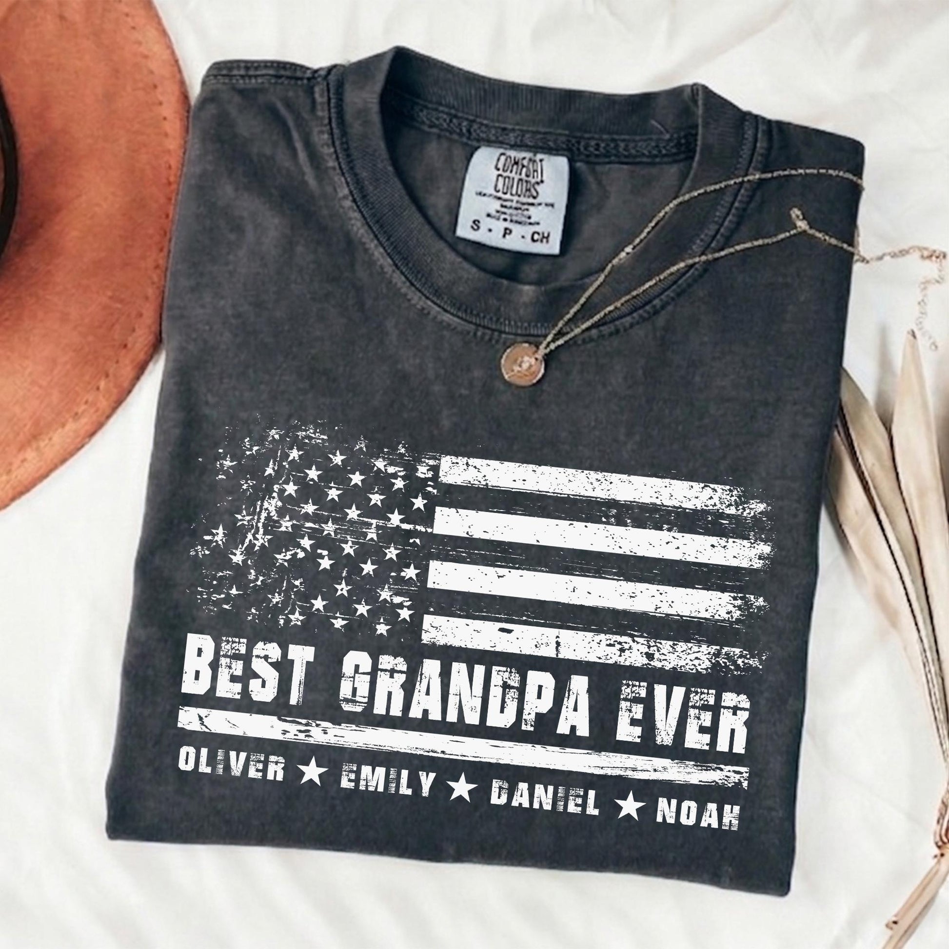 Personalized Grandpa With Kids Names Shirt, Grandpa USA Flag T-Shirt, Patriotic Father's Day Gift for Dad, Grandfather
