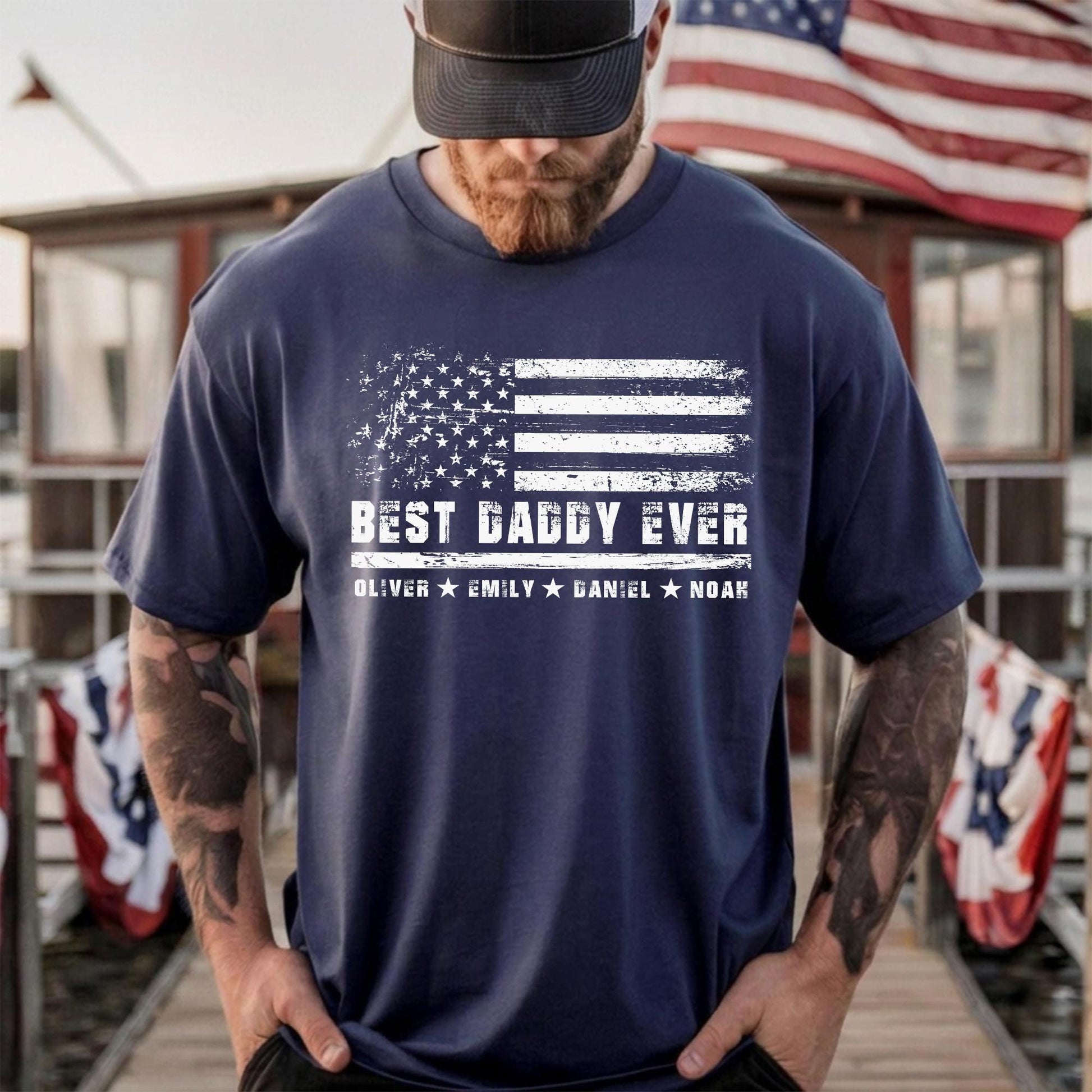 Personalized Grandpa With Kids Names Shirt, Grandpa USA Flag T-Shirt, Patriotic Father's Day Gift for Dad, Grandfather